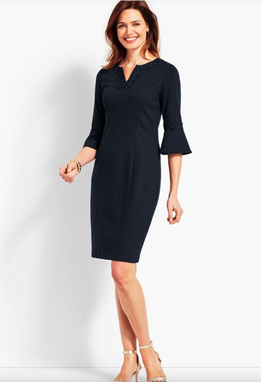 Talbots Navy Embroidered Flounce-Sleeve Shift Dress Size 14